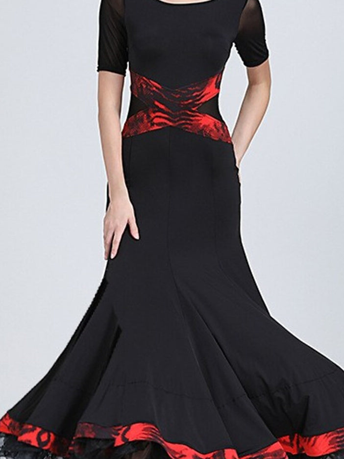 Vêtements de Danse pour Femmes Robe de Danse de Salon Imprimée Entraînement de Performance pour Femmes à Manches Courtes