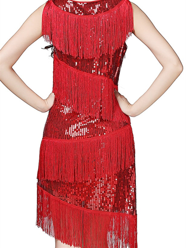 Robe de Danse de Salon Latine à Franges, Épissure de Couleur Pure, Performance Sans Manches pour Femmes