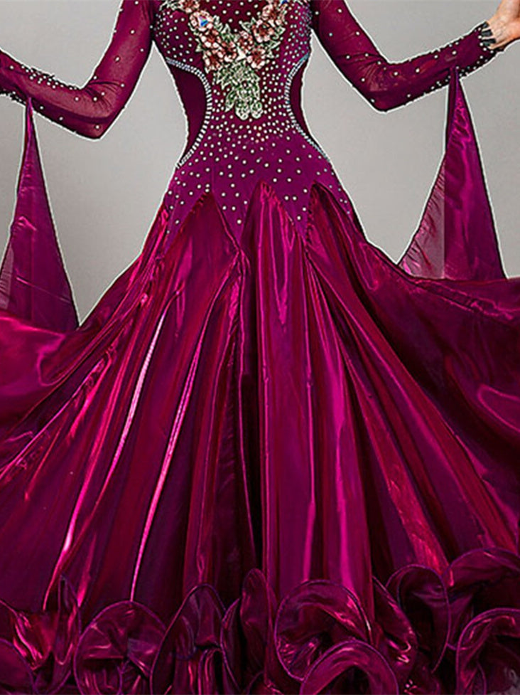 Robe de Danse de Salon pour Femmes, Broderies, Cristaux/Strass, Entraînement de Performance pour Femmes, Manches Longues