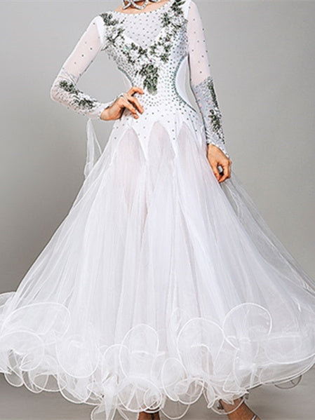 Robe de Danse de Salon pour Femmes, Broderies, Cristaux/Strass, Entraînement de Performance pour Femmes, Manches Longues