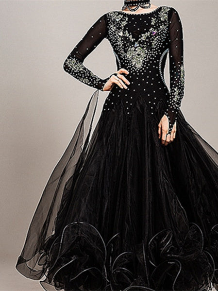 Robe de Danse de Salon pour Femmes, Broderies, Cristaux/Strass, Entraînement de Performance pour Femmes, Manches Longues