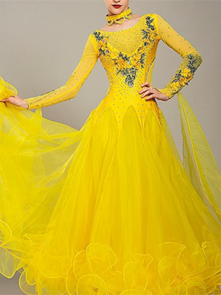 Robe de Danse de Salon pour Femmes, Broderies, Cristaux/Strass, Entraînement de Performance pour Femmes, Manches Longues