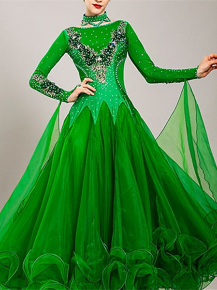 Robe de Danse de Salon pour Femmes, Broderies, Cristaux/Strass, Entraînement de Performance pour Femmes, Manches Longues