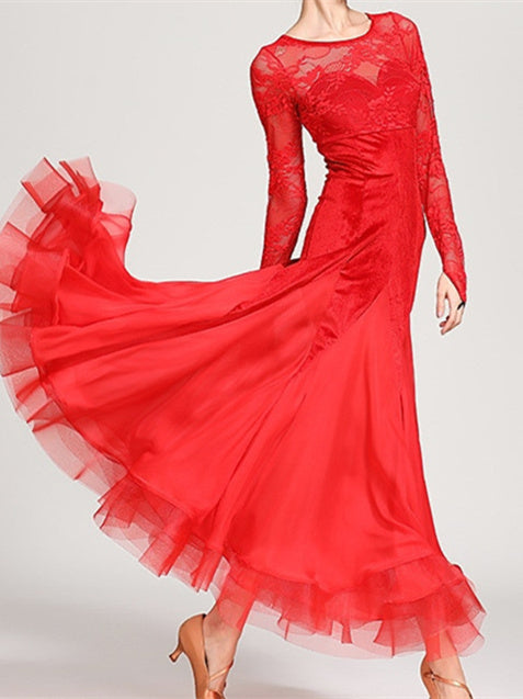 Robe de Danse de Salon pour Femmes, Robe de Danse de Salon, Appliques, Joint Fendu, Entraînement pour Femmes, Performance, Manches Longues