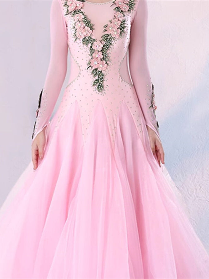 Robe de Danse de Salon pour Femmes, Imprimé Floral, Volants, Manches Longues, Performance pour Femmes