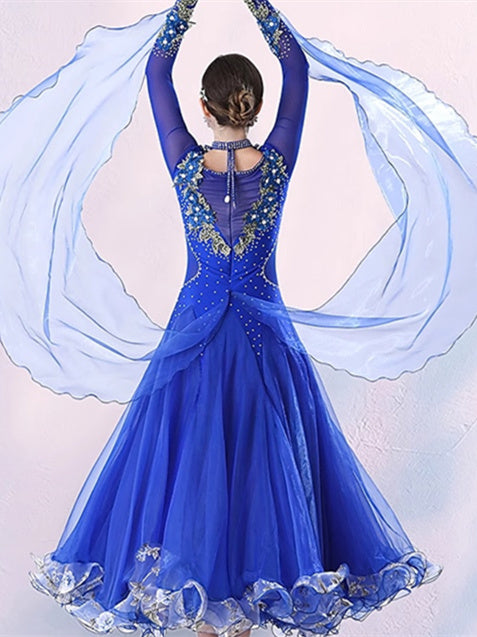 Robe de Danse de Salon pour Femmes, Imprimé Floral, Volants, Manches Longues, Performance pour Femmes