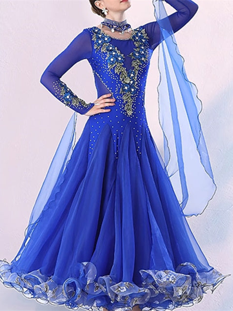 Robe de Danse de Salon pour Femmes, Imprimé Floral, Volants, Manches Longues, Performance pour Femmes