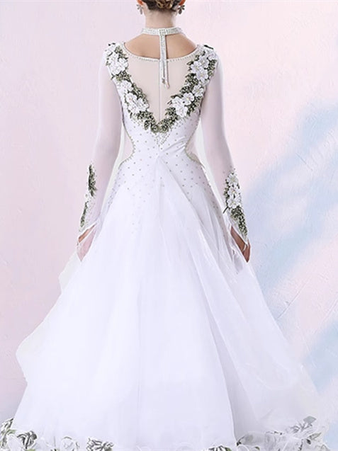 Robe de Danse de Salon pour Femmes, Imprimé Floral, Volants, Manches Longues, Performance pour Femmes