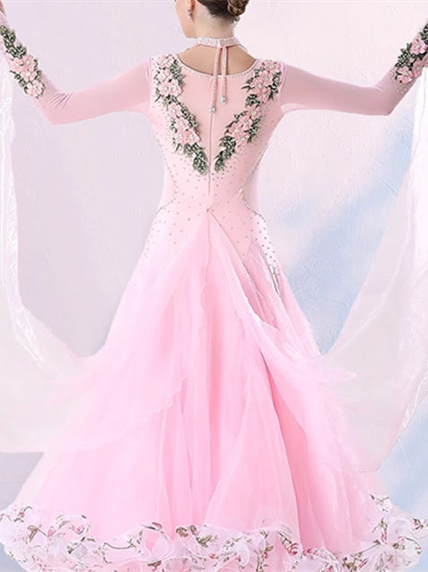 Robe de Danse de Salon pour Femmes, Imprimé Floral, Volants, Manches Longues, Performance pour Femmes