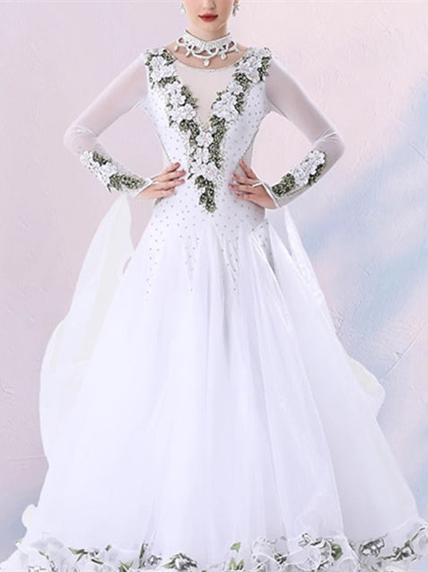 Robe de Danse de Salon pour Femmes, Imprimé Floral, Volants, Manches Longues, Performance pour Femmes