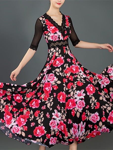 Robe de Danse de Salon pour Femmes, Robe de Danse de Salon en Dentelle Fendue, Demi-Manches pour Femmes