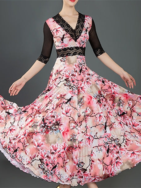 Robe de Danse de Salon pour Femmes, Robe de Danse de Salon en Dentelle Fendue, Demi-Manches pour Femmes