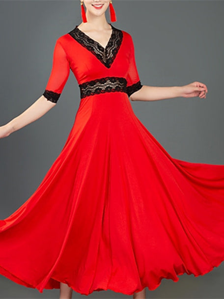 Robe de Danse de Salon pour Femmes, Robe de Danse de Salon en Dentelle Fendue, Demi-Manches pour Femmes