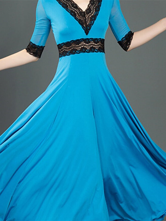 Robe de Danse de Salon pour Femmes, Robe de Danse de Salon en Dentelle Fendue, Demi-Manches pour Femmes