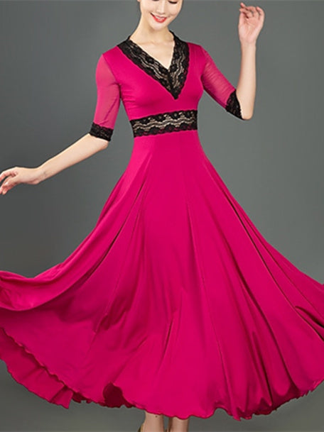 Robe de Danse de Salon pour Femmes, Robe de Danse de Salon en Dentelle Fendue, Demi-Manches pour Femmes