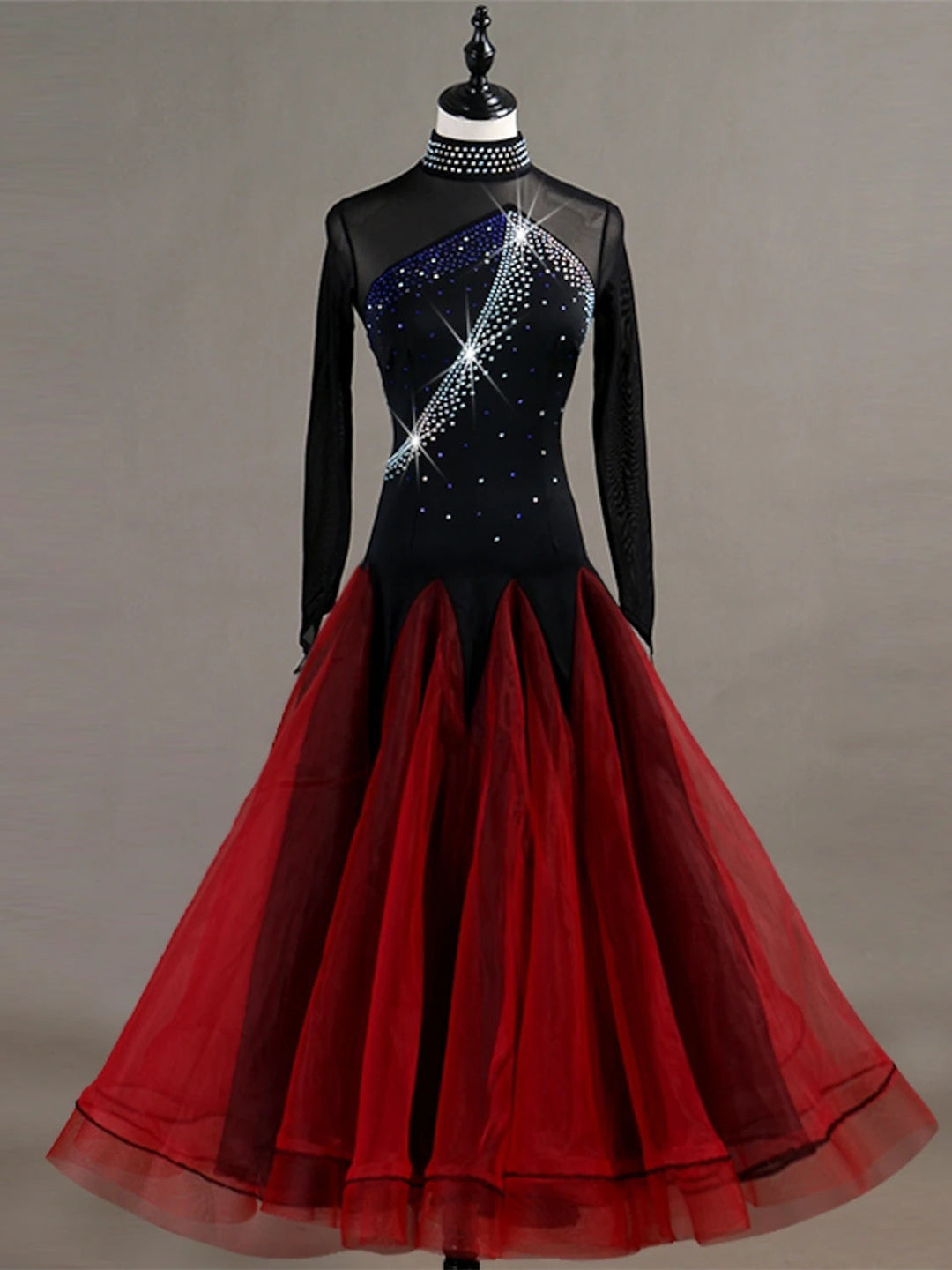 Robe de Danse de Salon pour Femmes, Cristaux/Strass, Entraînement pour Femmes, Manches Longues, Nylon, Organza, Tulle