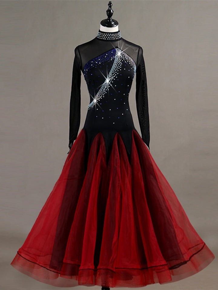 Robe de Danse de Salon pour Femmes, Cristaux/Strass, Entraînement pour Femmes, Manches Longues, Nylon, Organza, Tulle