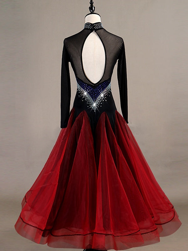 Robe de Danse de Salon pour Femmes, Cristaux/Strass, Entraînement pour Femmes, Manches Longues, Nylon, Organza, Tulle