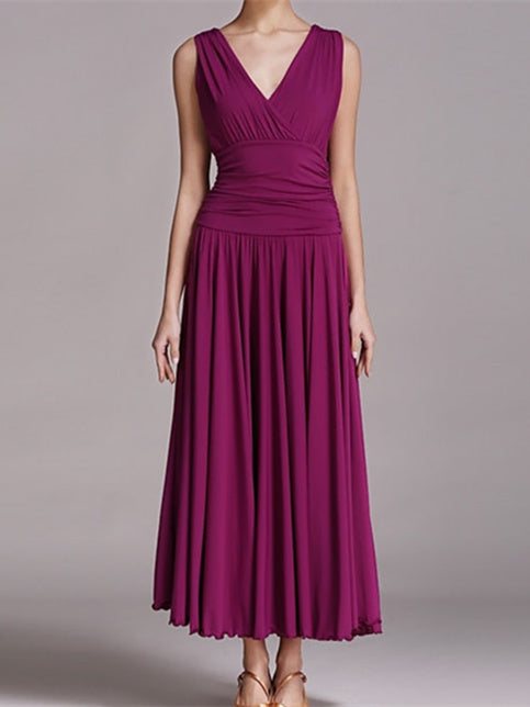 Robe de Danse de Salon pour Femmes, Plissée, Couleur Unie, Entraînement de Performance pour Femmes, Sans Manches