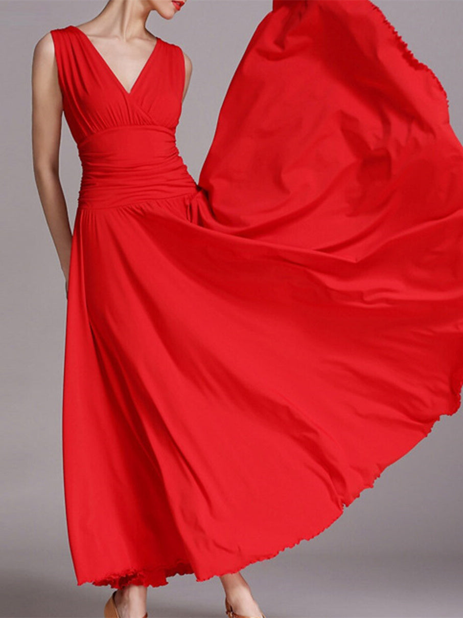 Robe de Danse de Salon pour Femmes, Plissée, Couleur Unie, Entraînement de Performance pour Femmes, Sans Manches