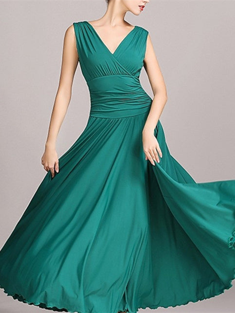 Robe de Danse de Salon pour Femmes, Plissée, Couleur Unie, Entraînement de Performance pour Femmes, Sans Manches