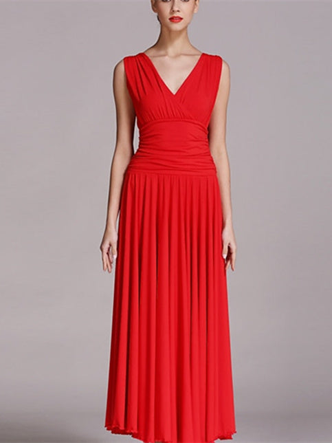 Robe de Danse de Salon pour Femmes, Plissée, Couleur Unie, Entraînement de Performance pour Femmes, Sans Manches