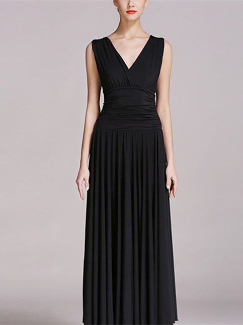 Robe de Danse de Salon pour Femmes, Plissée, Couleur Unie, Entraînement de Performance pour Femmes, Sans Manches