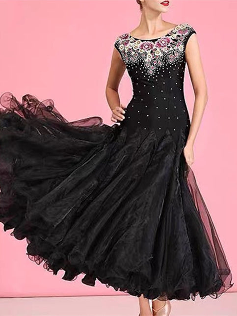 Robe de Danse de Salon pour Femmes, Broderies de Cristaux/Strass, Performance Sans Manches pour Femmes