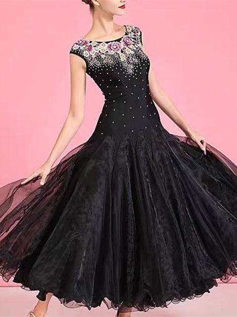 Robe de Danse de Salon pour Femmes, Broderies de Cristaux/Strass, Performance Sans Manches pour Femmes