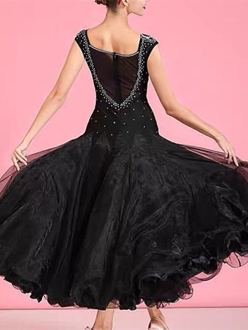 Robe de Danse de Salon pour Femmes, Broderies de Cristaux/Strass, Performance Sans Manches pour Femmes