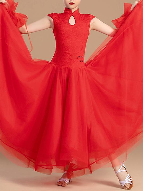 Vêtements de Danse pour Femmesrobe de Danse de Salon à Épissure pour Filles, Entraînement de Performance, Tulle Sans Manches