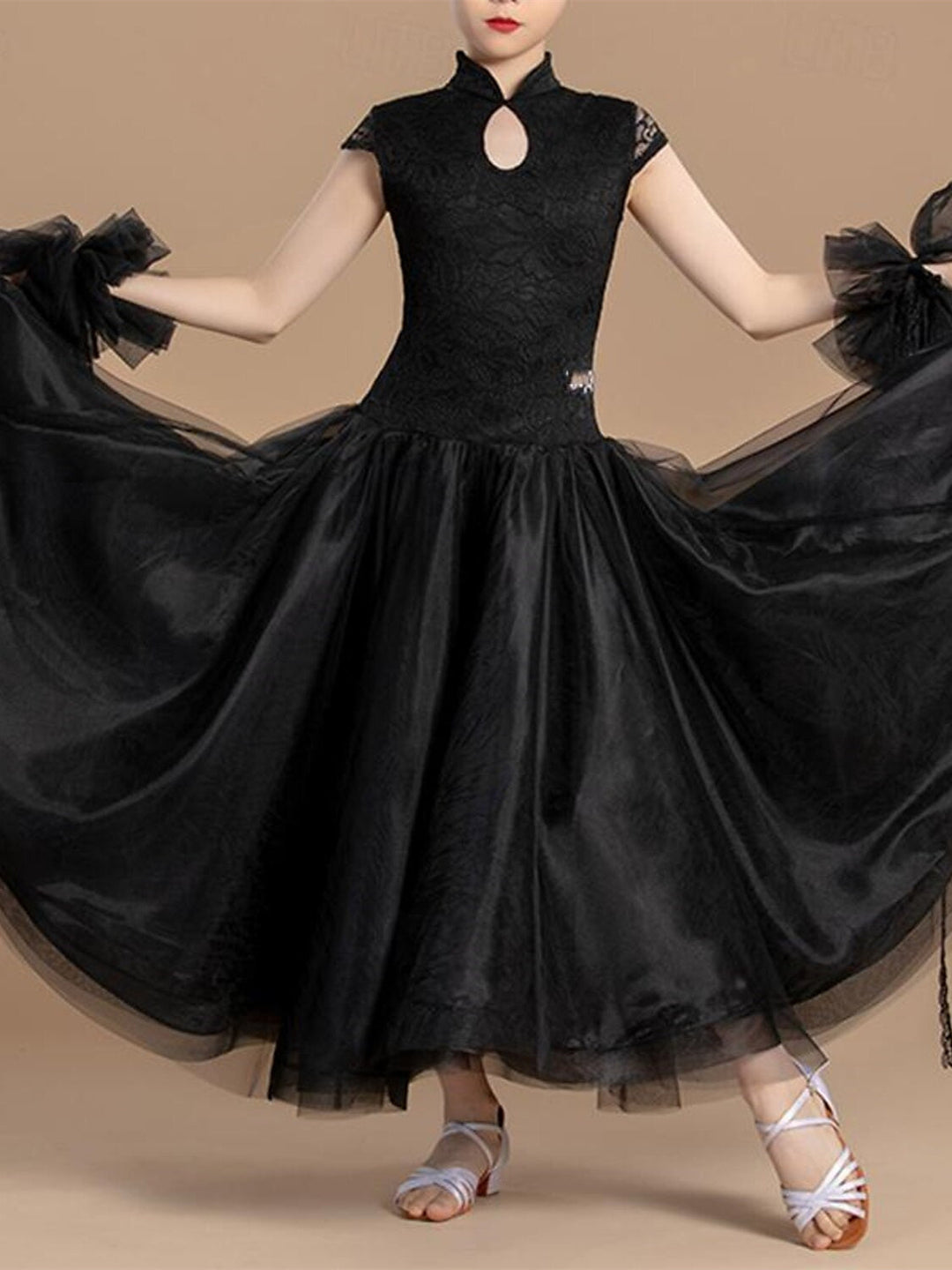 Vêtements de Danse pour Femmesrobe de Danse de Salon à Épissure pour Filles, Entraînement de Performance, Tulle Sans Manches
