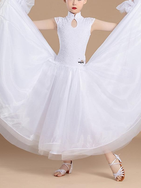 Vêtements de Danse pour Femmesrobe de Danse de Salon à Épissure pour Filles, Entraînement de Performance, Tulle Sans Manches