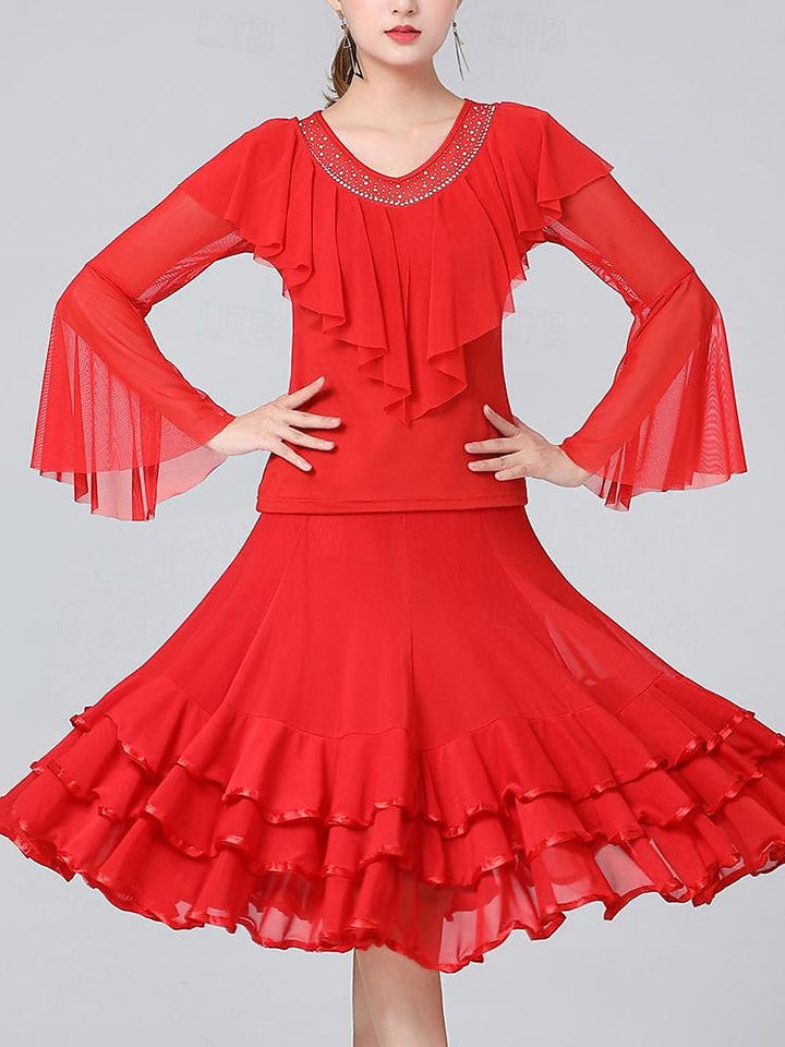 Vêtements de Danse pour Femmes Jupes de Danse de Salon Volants Épissage de Couleur Pure Entraînement de Performance pour Femmes Manches Longues