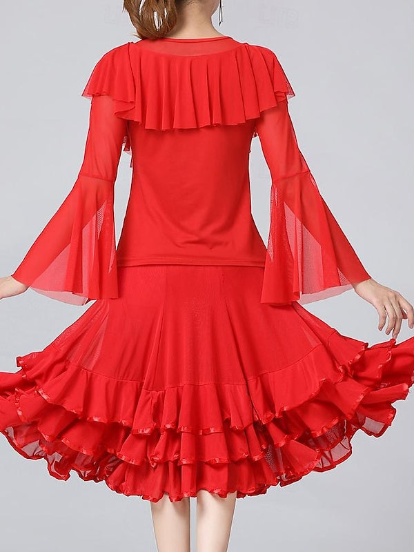 Vêtements de Danse pour Femmes Jupes de Danse de Salon Volants Épissage de Couleur Pure Entraînement de Performance pour Femmes Manches Longues