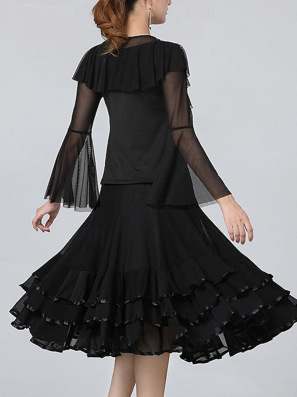 Vêtements de Danse pour Femmes Jupes de Danse de Salon Volants Épissage de Couleur Pure Entraînement de Performance pour Femmes Manches Longues