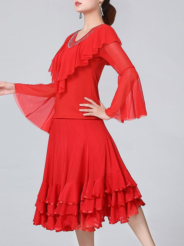 Vêtements de Danse pour Femmes Jupes de Danse de Salon Volants Épissage de Couleur Pure Entraînement de Performance pour Femmes Manches Longues