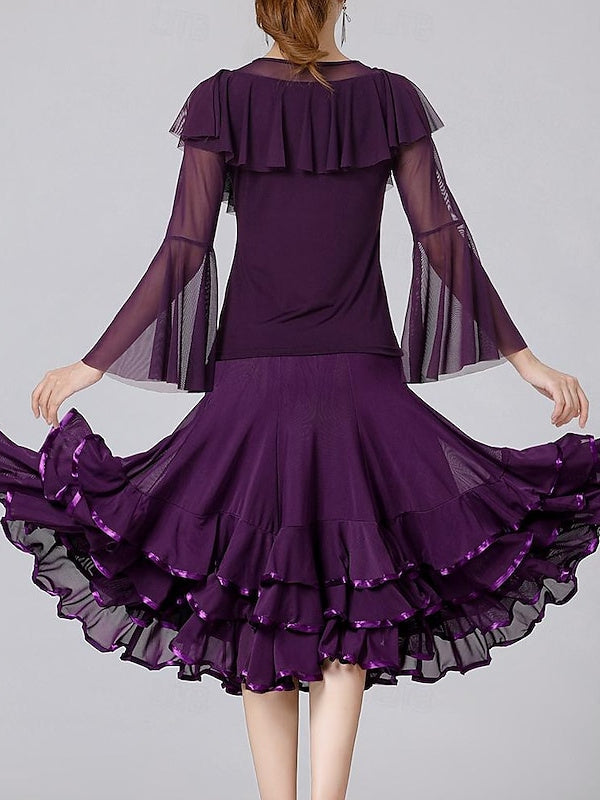 Vêtements de Danse pour Femmes Jupes de Danse de Salon Volants Épissage de Couleur Pure Entraînement de Performance pour Femmes Manches Longues