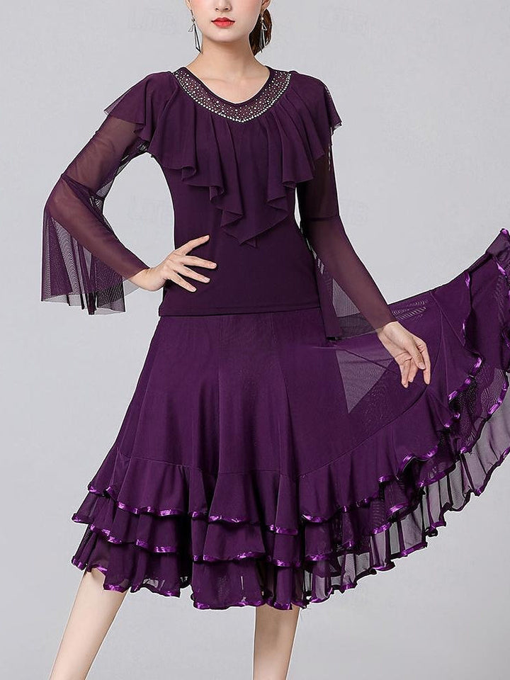 Vêtements de Danse pour Femmes Jupes de Danse de Salon Volants Épissage de Couleur Pure Entraînement de Performance pour Femmes Manches Longues