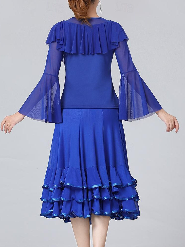 Vêtements de Danse pour Femmes Jupes de Danse de Salon Volants Épissage de Couleur Pure Entraînement de Performance pour Femmes Manches Longues