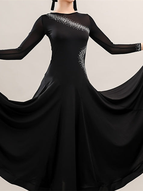 Robe de Danse de Salon pour Femmes, Tenue de Danse de Salon avec Épissure de Strass, Entraînement de Performance pour Femmes, Manches Longues