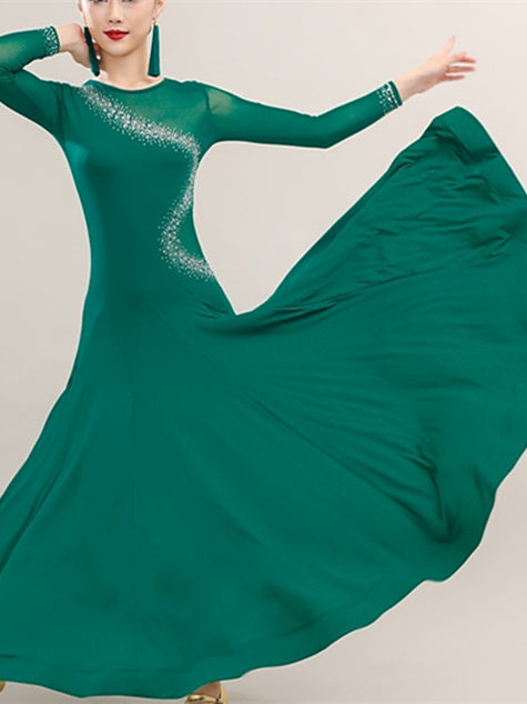 Robe de Danse de Salon pour Femmes, Tenue de Danse de Salon avec Épissure de Strass, Entraînement de Performance pour Femmes, Manches Longues