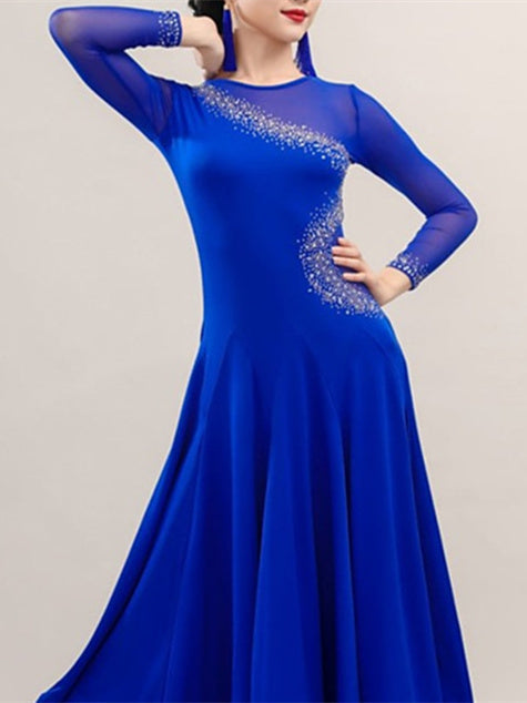 Robe de Danse de Salon pour Femmes, Tenue de Danse de Salon avec Épissure de Strass, Entraînement de Performance pour Femmes, Manches Longues