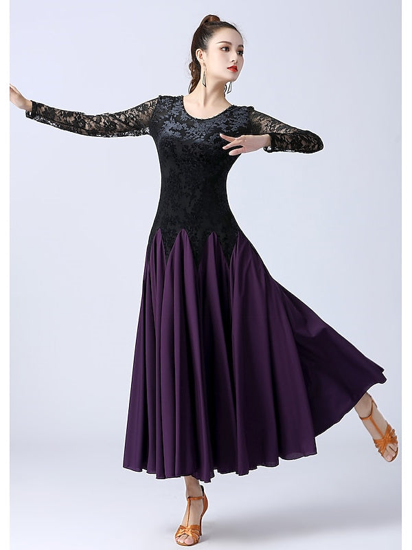 Vêtements de Danse pour Femmes Robe de Danse de Salon à Épissure Entraînement de Performance pour Femmes à Manches Longues