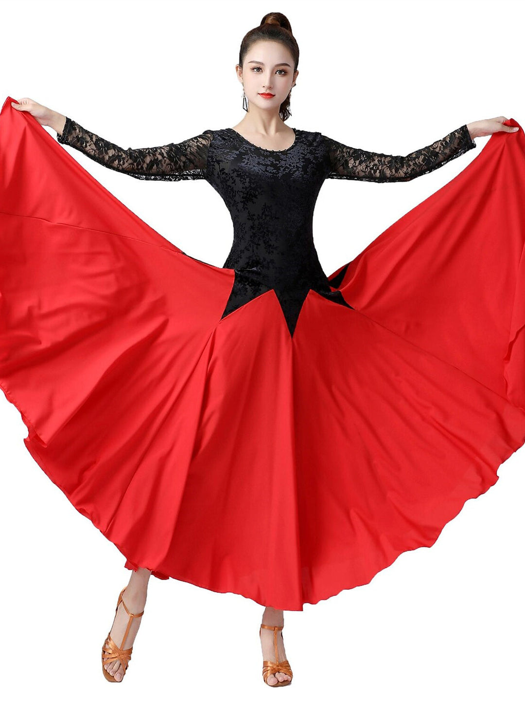 Vêtements de Danse pour Femmes Robe de Danse de Salon à Épissure Entraînement de Performance pour Femmes à Manches Longues