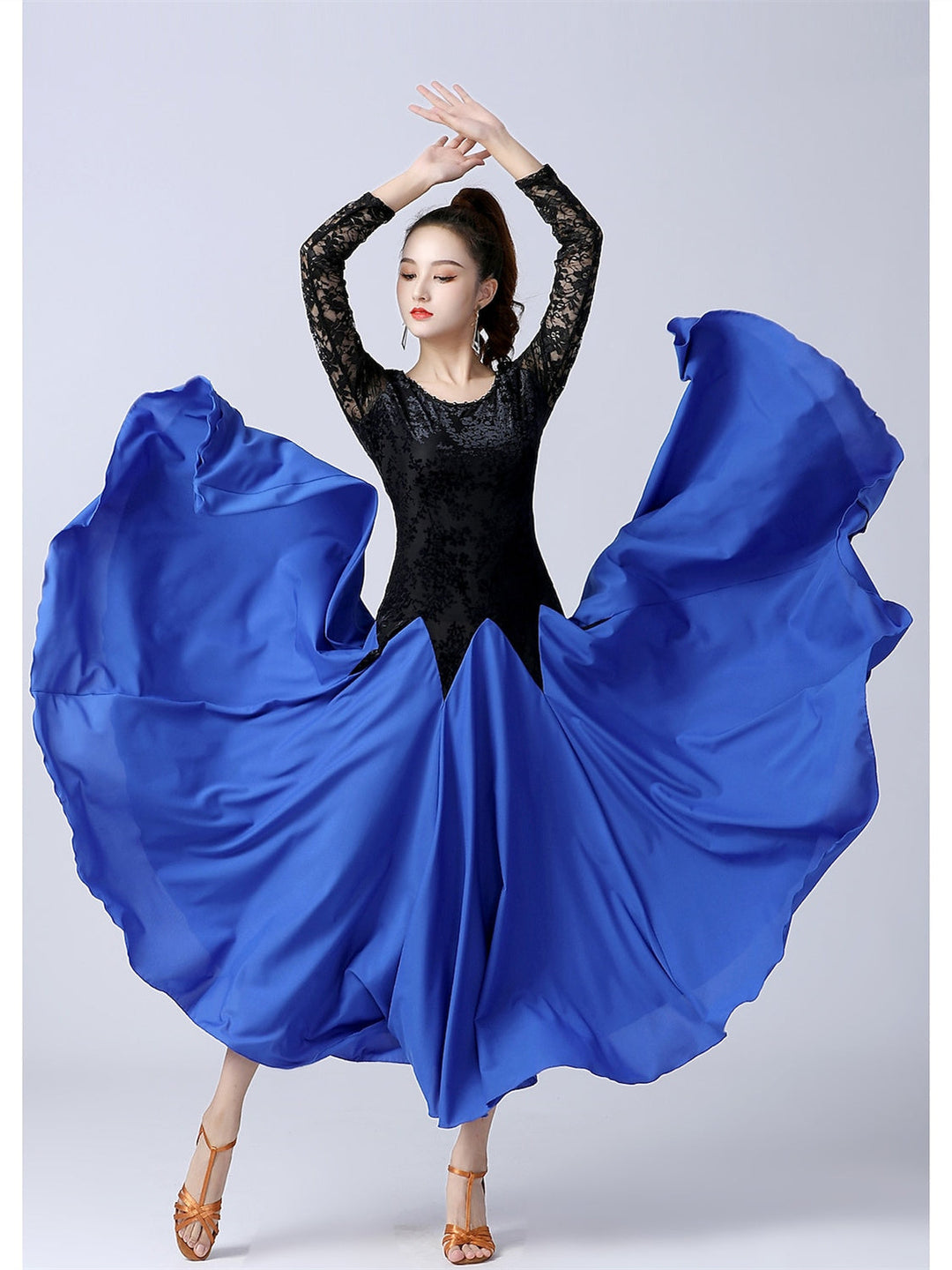 Vêtements de Danse pour Femmes Robe de Danse de Salon à Épissure Entraînement de Performance pour Femmes à Manches Longues