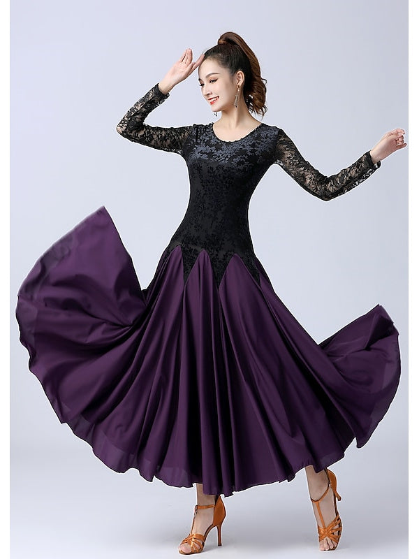 Vêtements de Danse pour Femmes Robe de Danse de Salon à Épissure Entraînement de Performance pour Femmes à Manches Longues