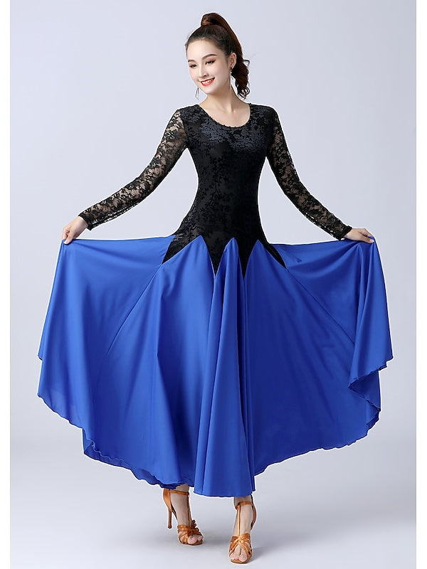 Vêtements de Danse pour Femmes Robe de Danse de Salon à Épissure Entraînement de Performance pour Femmes à Manches Longues