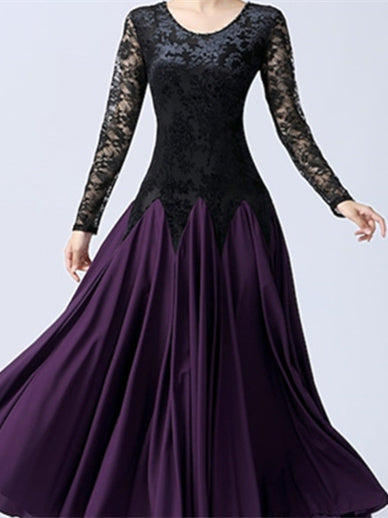 Vêtements de Danse pour Femmes Robe de Danse de Salon à Épissure Entraînement de Performance pour Femmes à Manches Longues