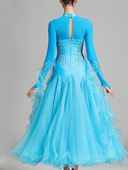 Robe de Danse de Salon pour Femmes, Broderie, Joint Fendu, Cristaux/Strass, Entraînement de Performance pour Femmes, Manches Longues